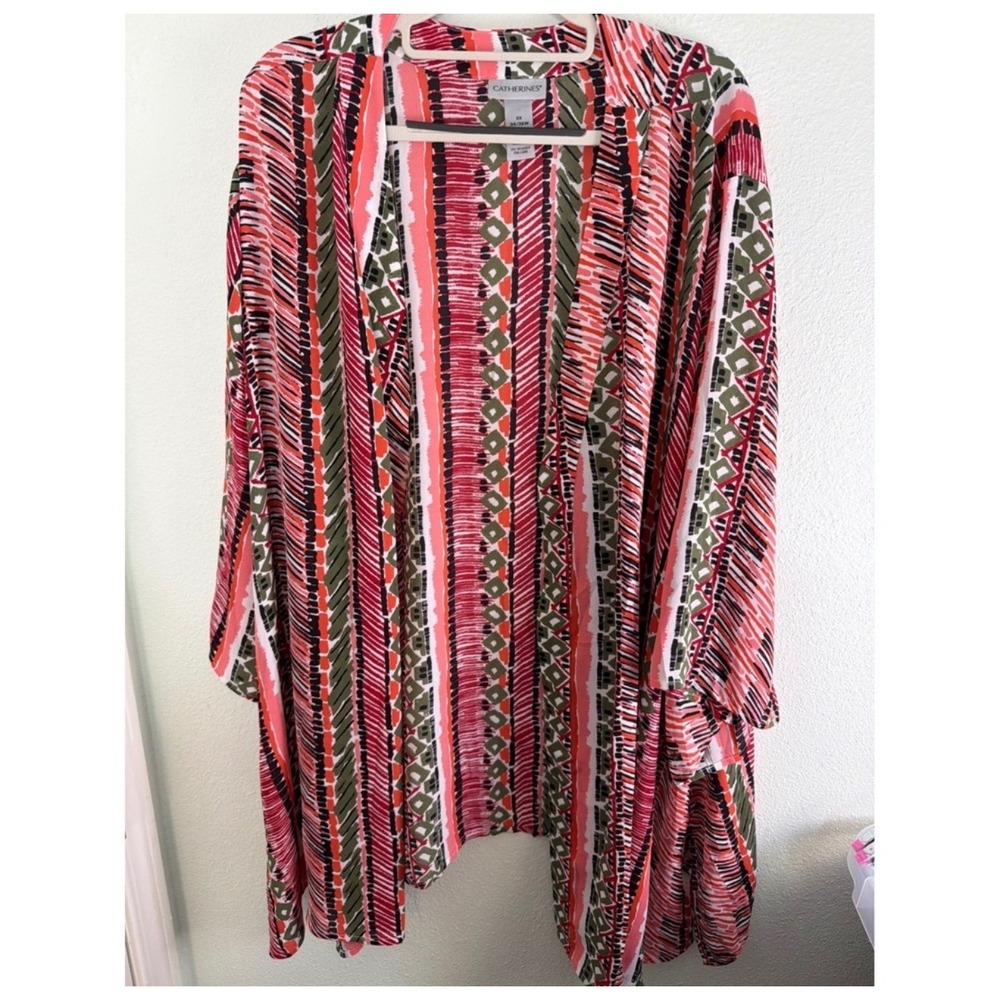 5X Plus Size Kimono Duster Cardigan Sheer Geo Stripe Longline Open Front Coastal